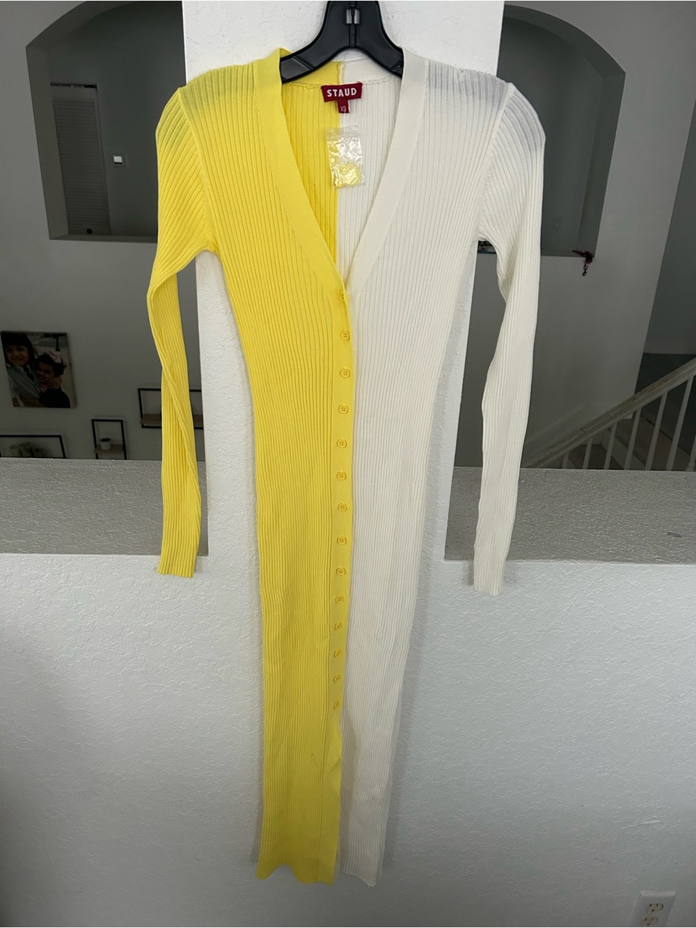 STAUD Yellow & White Ribbed Long-Sleeve Button-Front Dress